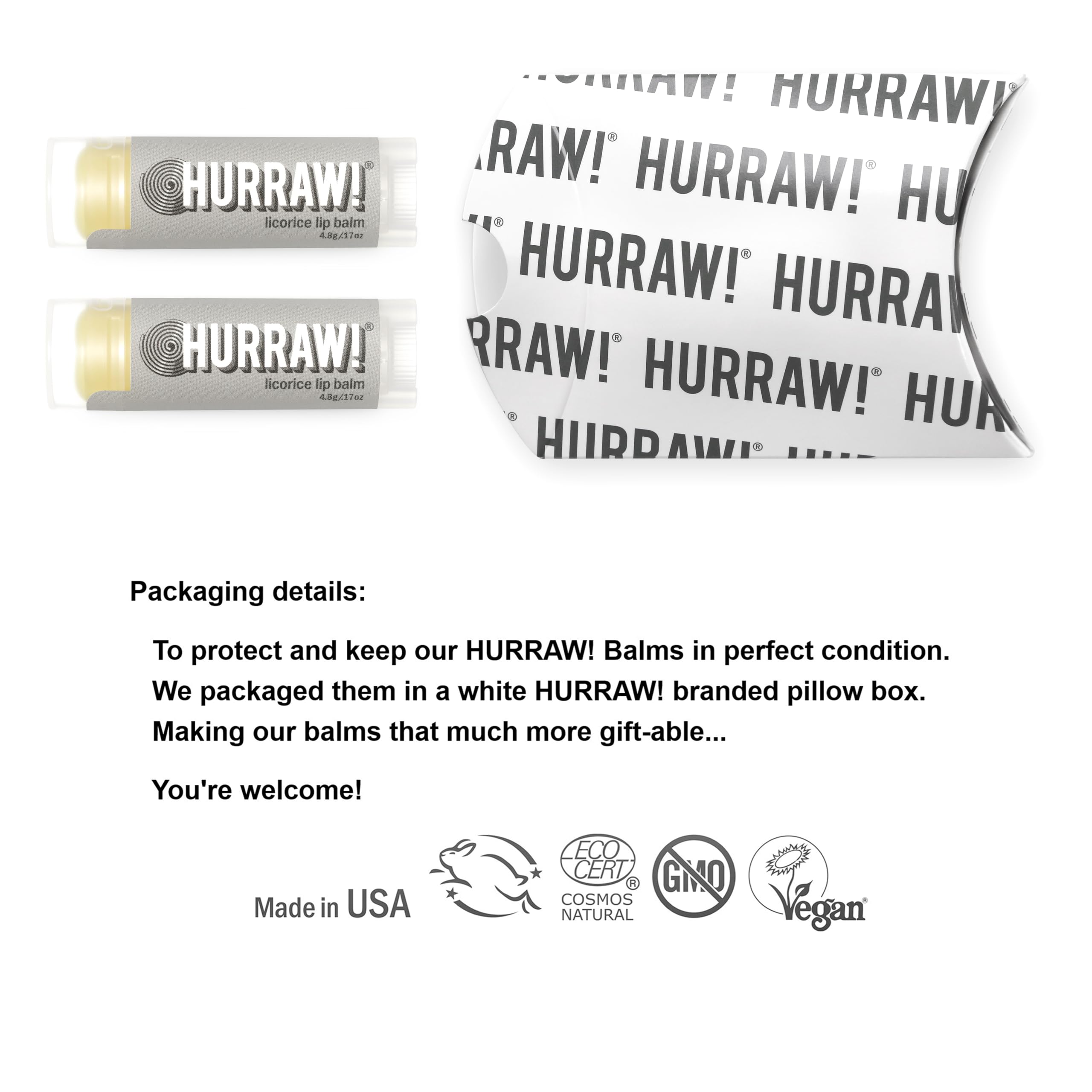 Hurraw Licorice lip balm packaging box shows eco-friendly packaging.