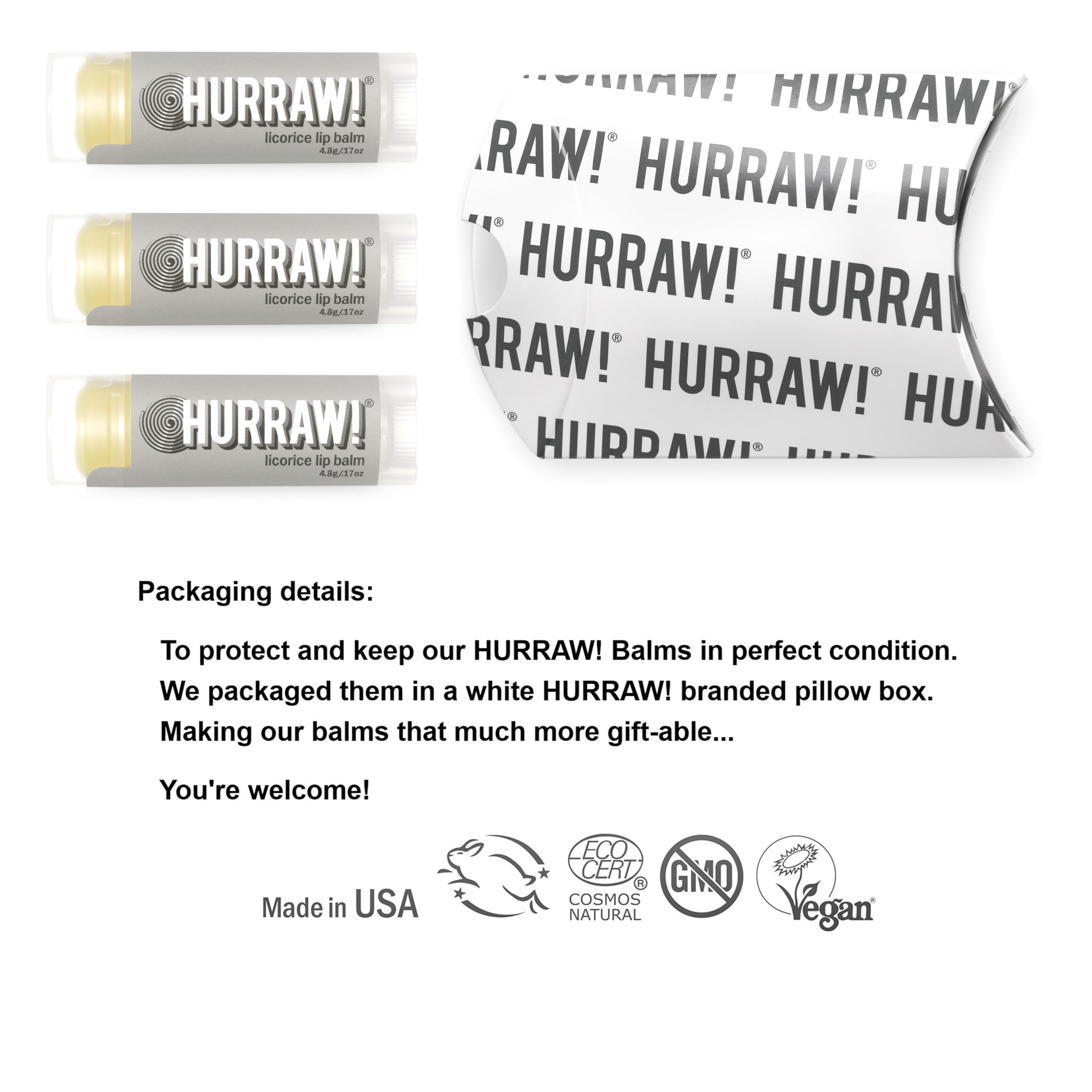 White packaging box featuring Licorice lip balm and brand logo