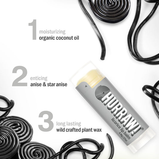 Close-up of Hurraw Licorice Lip Balm tube showing creamy glide