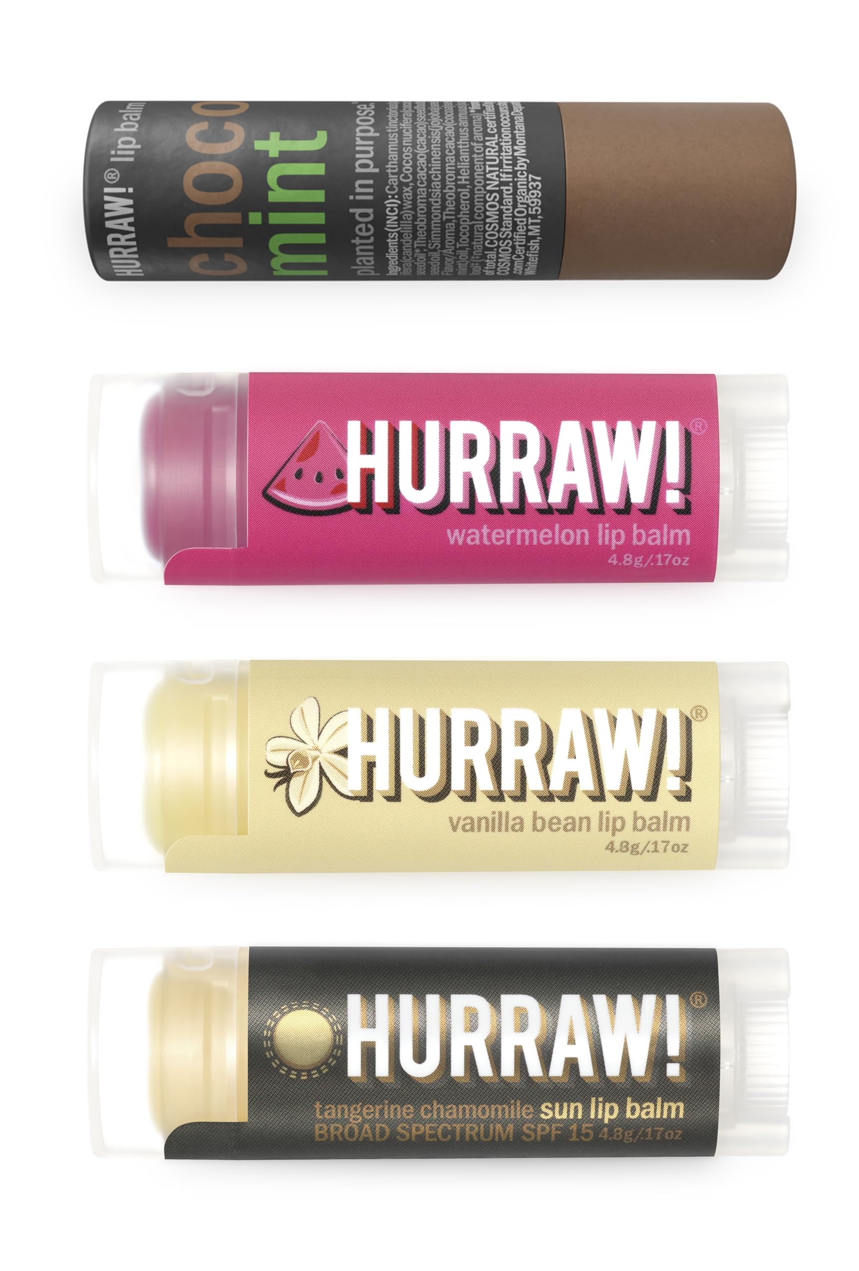 Hurraw! 4-balm bundle chocolate mint: compact, on-the-go hydration and flavor variety.