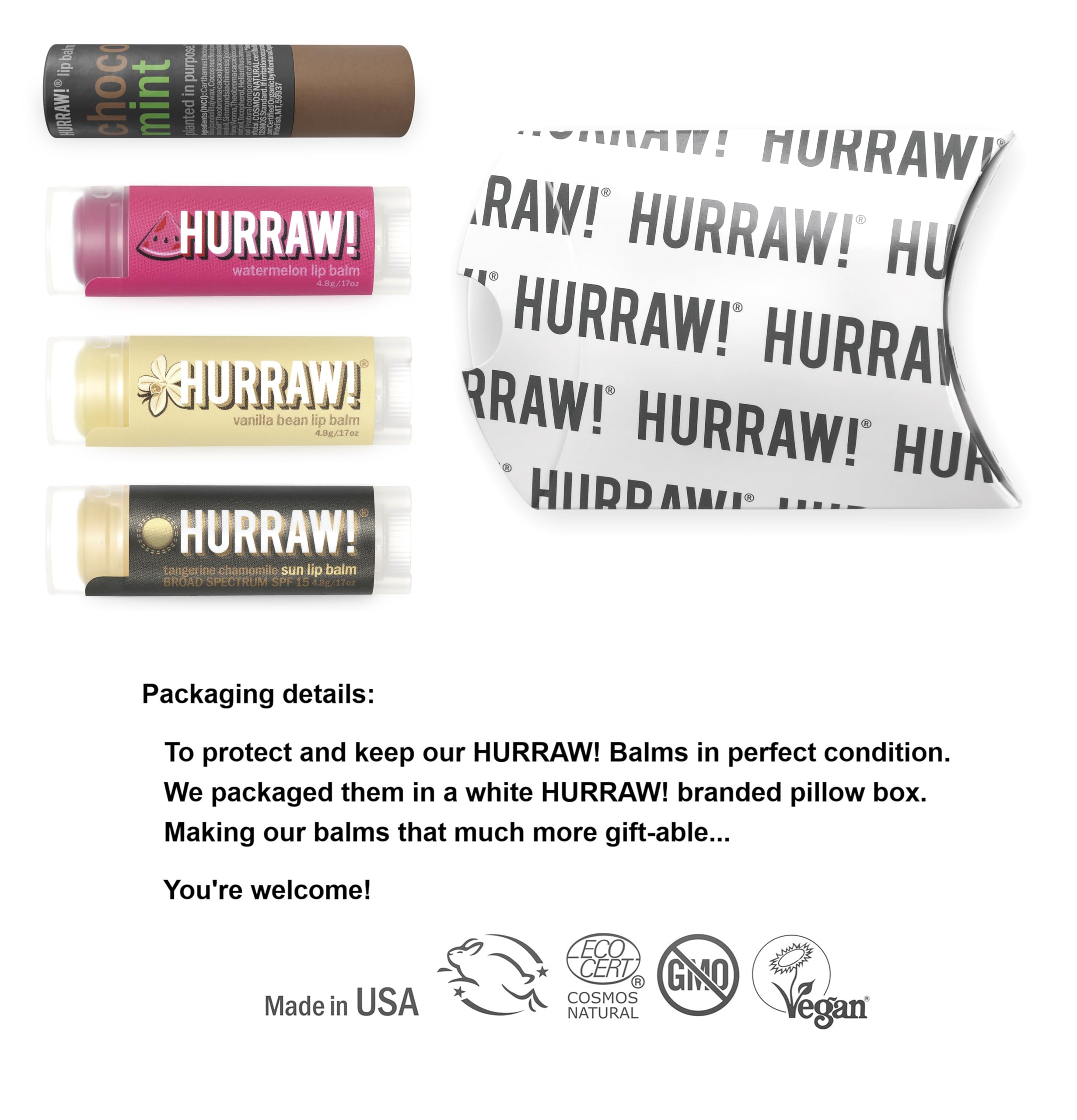 Hurraw! 4-balm bundle watermelon: refreshing lip care you can carry anywhere.