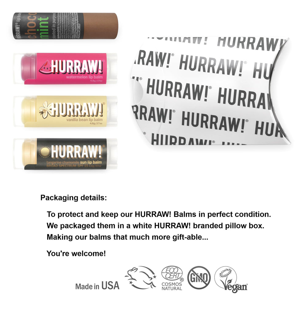 Hurraw! 4-balm bundle watermelon: refreshing lip care you can carry anywhere.