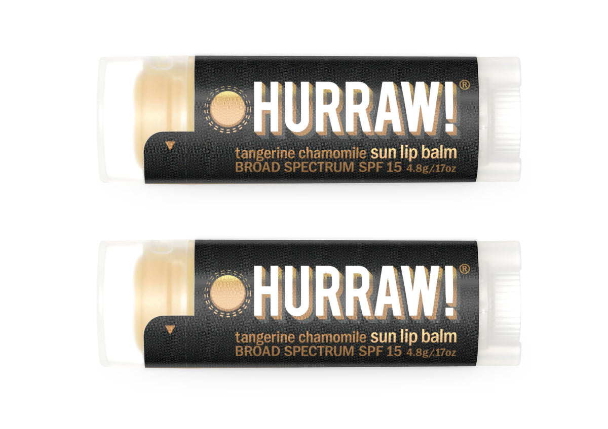 Hurraw! Sun Lip Balm Tangerine Chamomile 2-pack with SPF 15 for outdoor lips.