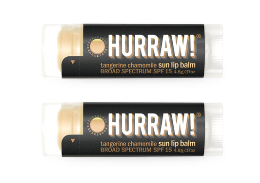 Hurraw! Sun Lip Balm Tangerine Chamomile 2-pack with SPF 15 for outdoor lips.