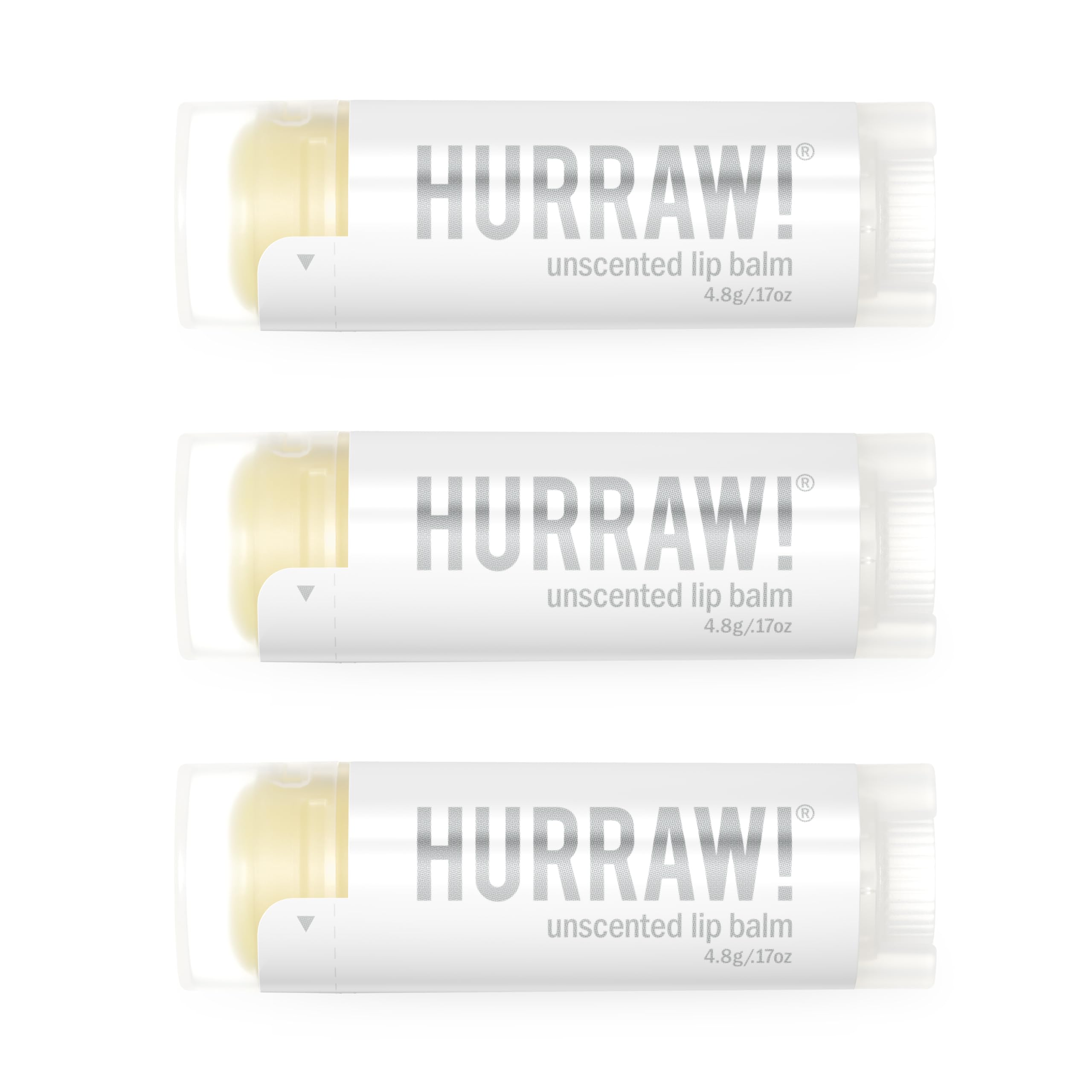 Hurraw! unscented lip balm 3-pack packaging shown for on-the-go moisture.