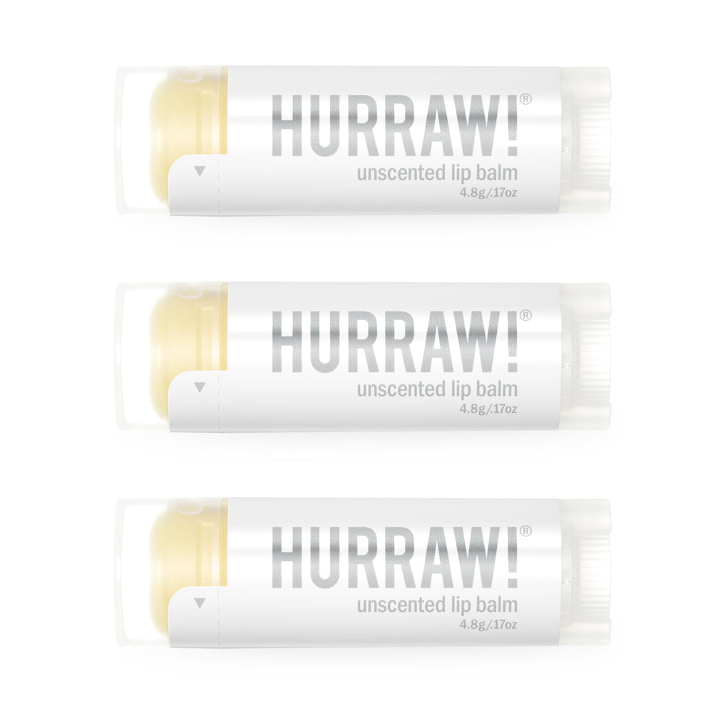 Hurraw! unscented lip balm 3-pack packaging shown for on-the-go moisture.