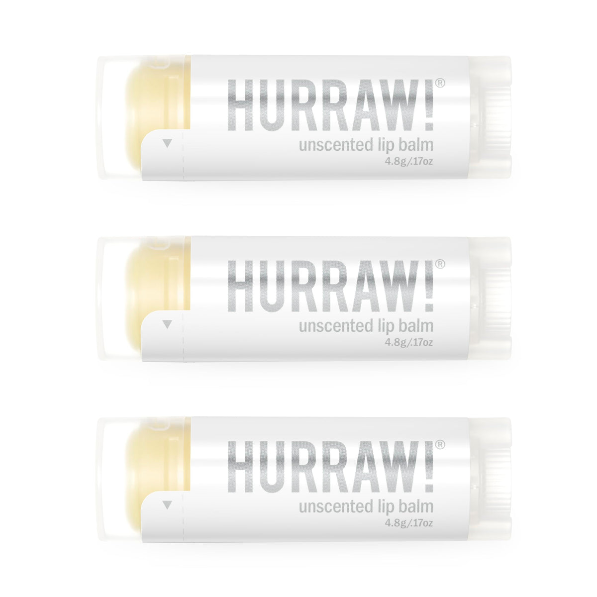 Hurraw! unscented lip balm 3-pack packaging shown for on-the-go moisture.