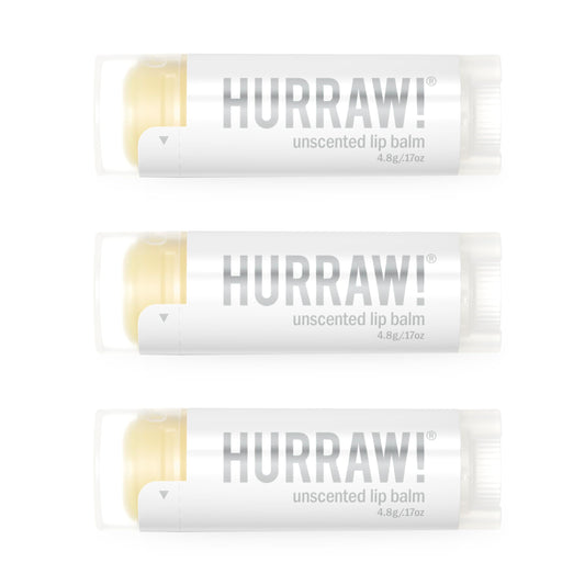 Hurraw! unscented lip balm 3-pack packaging shown for on-the-go moisture.