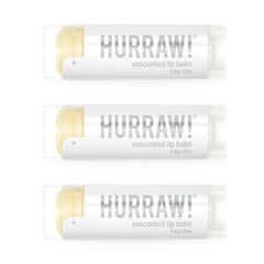 Hurraw! unscented lip balm 3-pack packaging shown for on-the-go moisture.