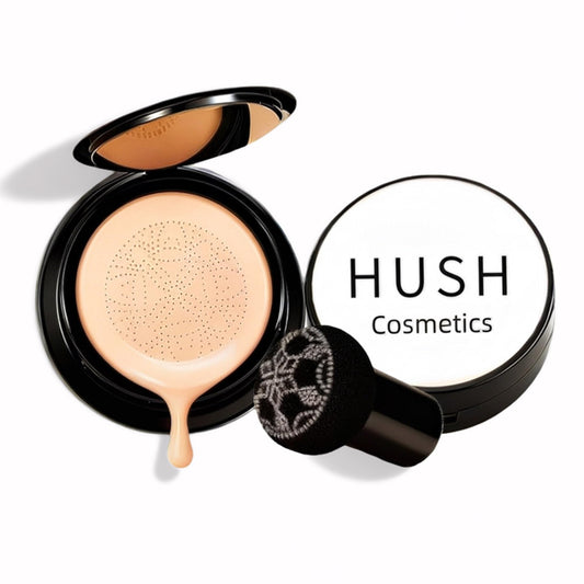 Hush Cosmetics air cushion CC-cream nature packaging shows easy application and hydration.