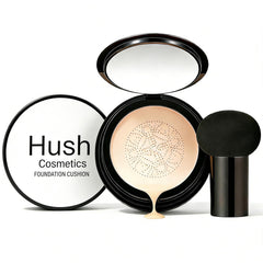 Hush Cosmetics Foundation in Natural shade with pump for smooth, even skin.