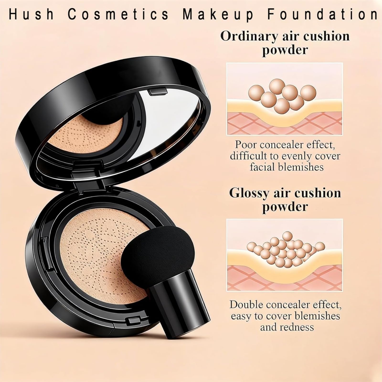 Hush Cosmetics moisturizing foundation application closeup with dewy, lightweight coverage.