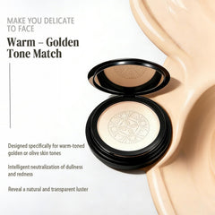Packaging with soft-dome puff shown for easy on-the-go touch-ups.