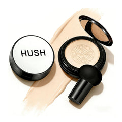 Hush Coverage Foundation with mushroom head puff for even application and natural finish