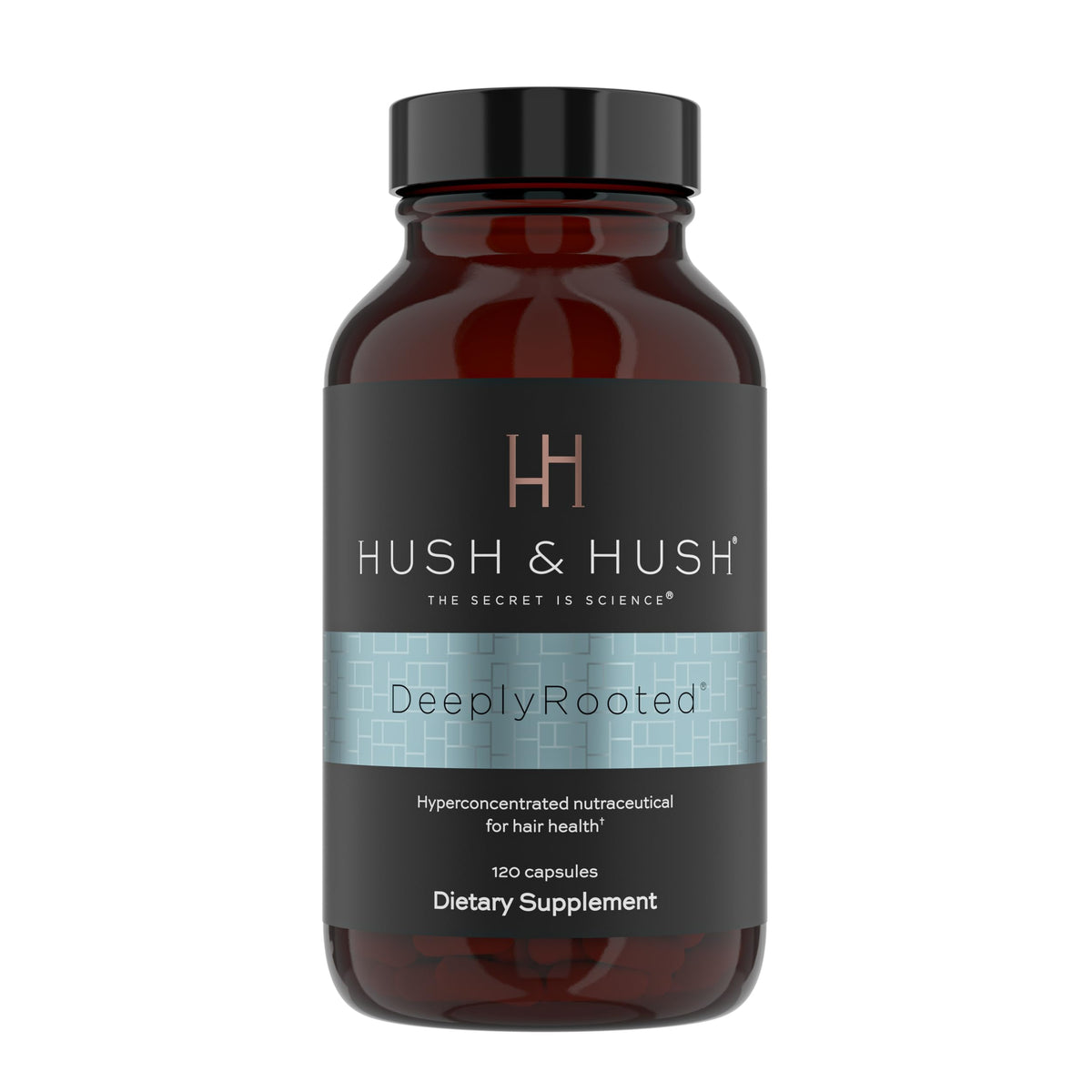 Hush & Hush DeeplyRooted bottle front for convenient hair health support