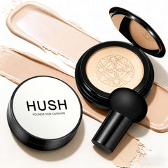Hush Makeup Foundation Natural Glow bottle closeup showing a warm golden shade for light to medium complexions.