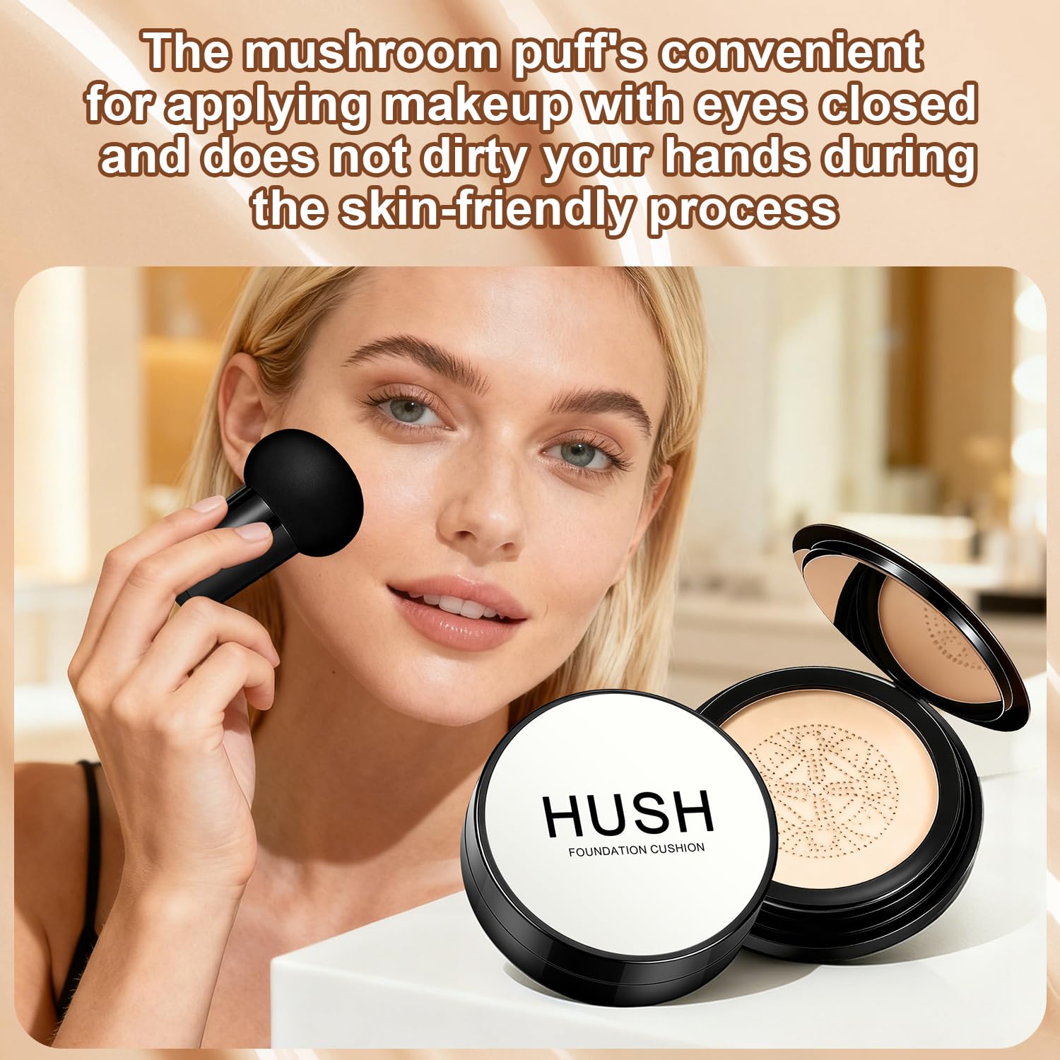 Hush Makeup Foundation Natural Glow packaging shows moisture-locking Hyaluronic Acid for hydration.