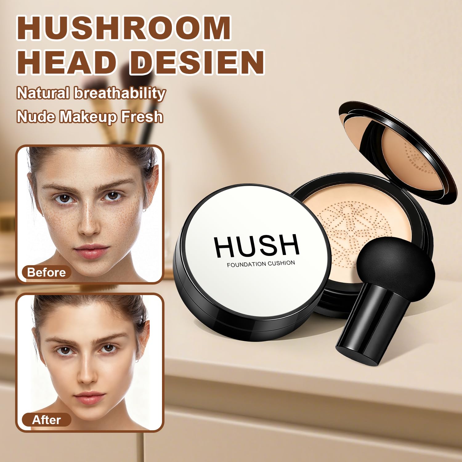 Hush Makeup Foundation Natural Glow texture closeup highlights lightweight, buildable coverage.