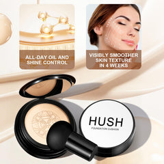 Hush Makeup Foundation Natural Glow warm golden swatches blend evenly for light-to-medium skin tones.