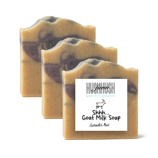 HushHush Farm Lavender Mint goat milk soap bar for face and body, gentle cleansing and hydration.