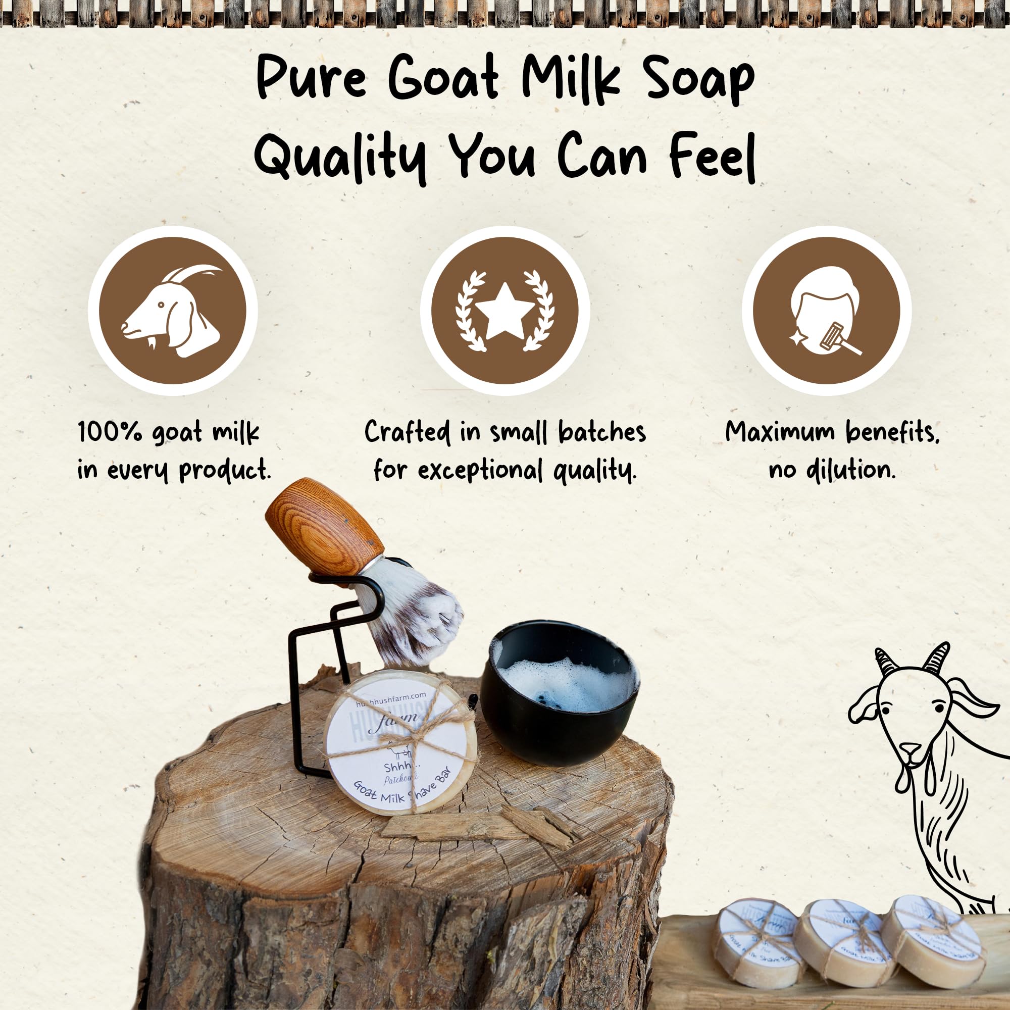 HushHush Farm plastic-free packaging visual emphasizing sustainable, eco-friendly grooming soap.
