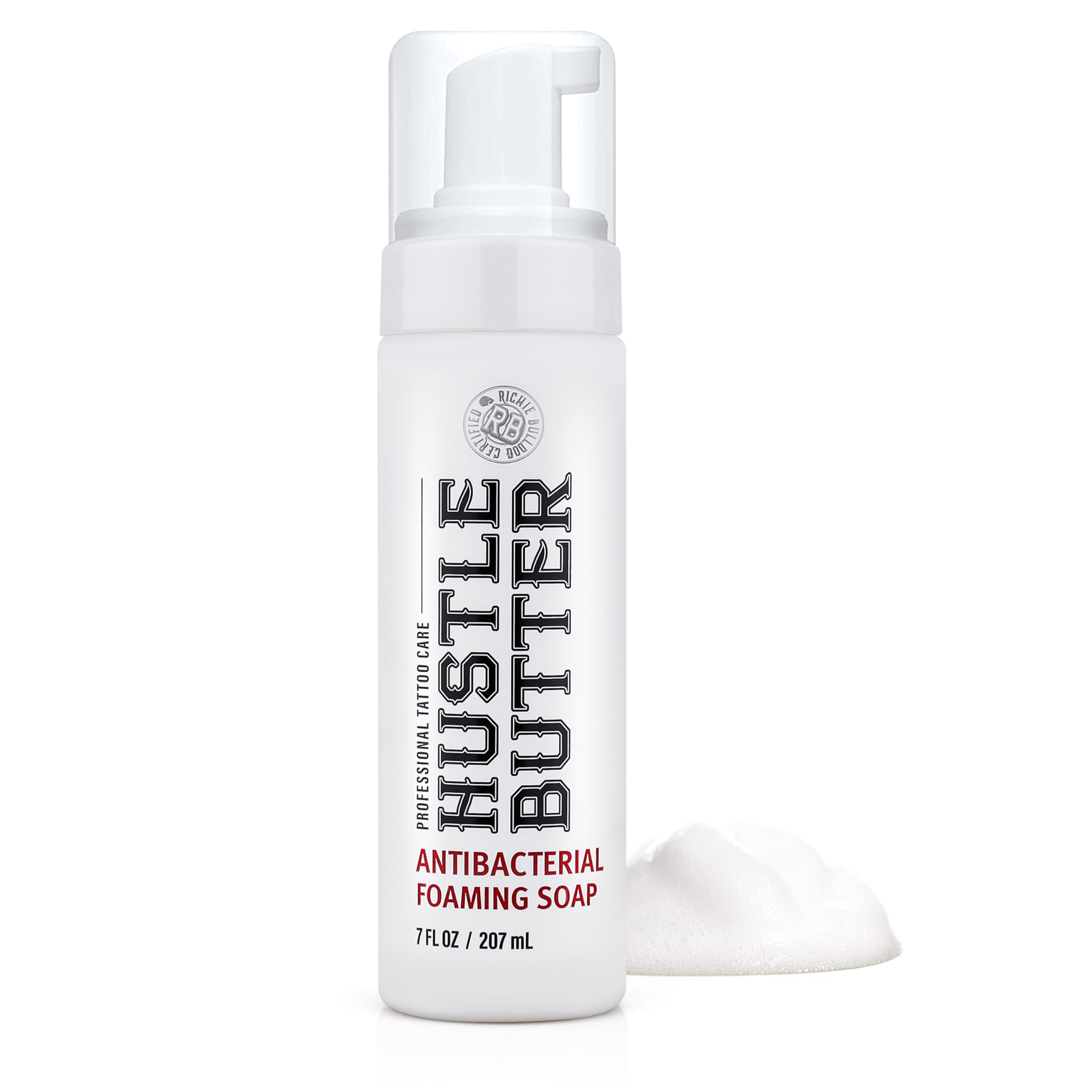 Hustle Bubbles tattoo aftercare soap bottle for antibacterial cleansing of new tattoos.
