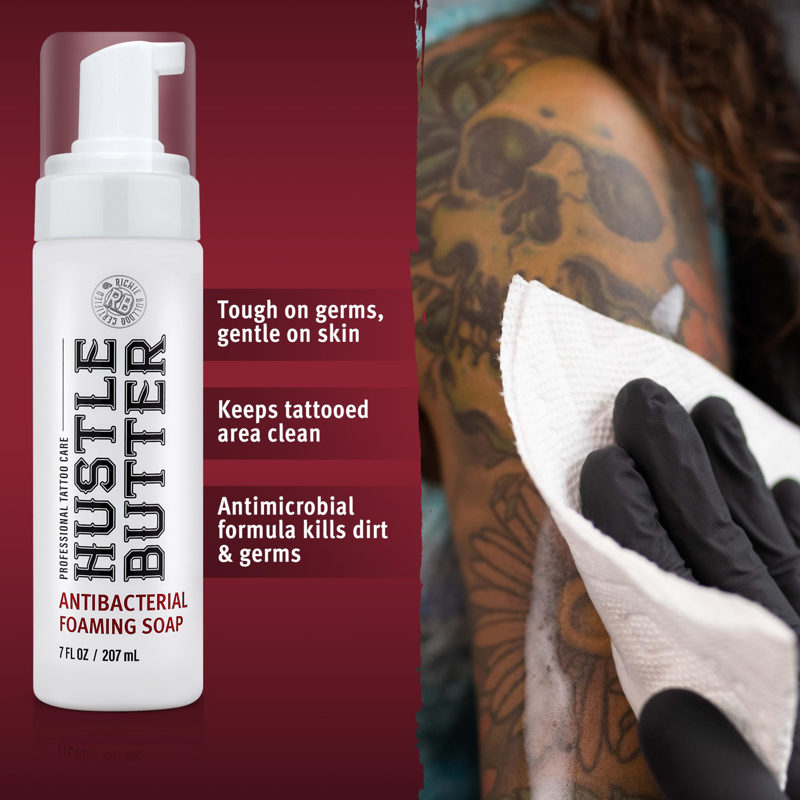 Hustle Bubbles label close-up on bottle highlighting tattoo aftercare for healing.