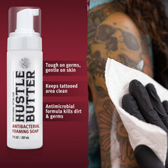 Hustle Bubbles label close-up on bottle highlighting tattoo aftercare for healing.