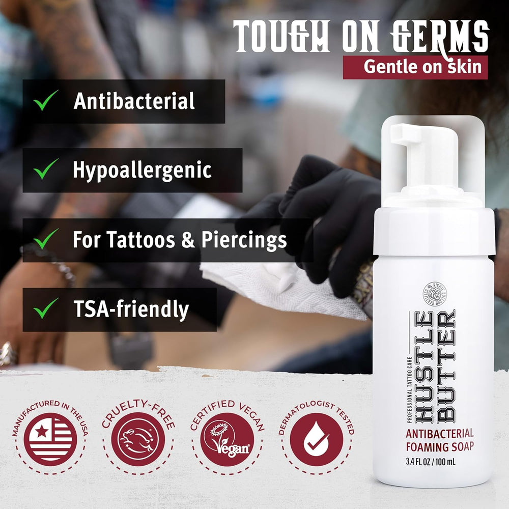 Tattoo artist favorite Hustle Bubbles for safe, gentle cleansing.