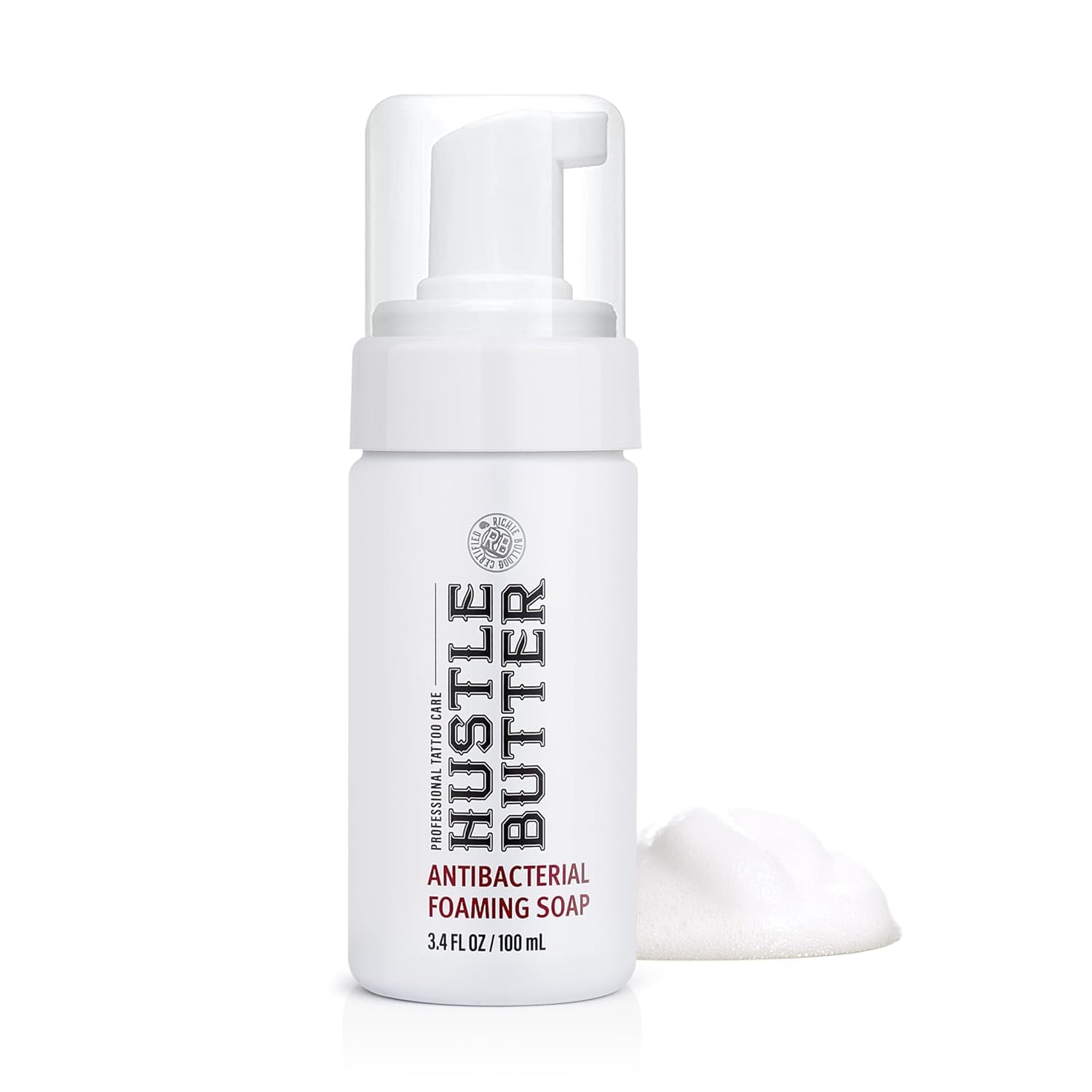 Hustle Bubbles tattoo soap bottle for gentle cleansing during healing.
