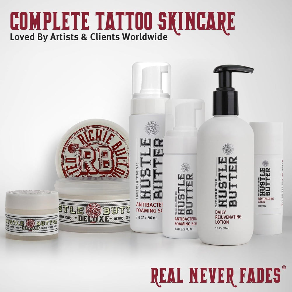 Hustle Bubbles reduces irritation while cleansing fresh tattoos.