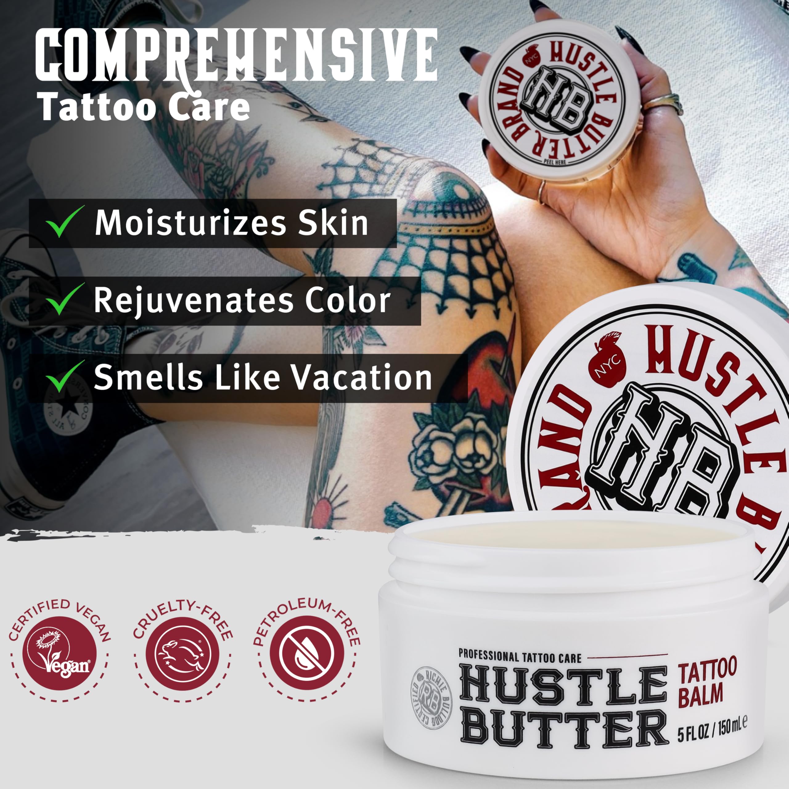 Hustle Butter Deluxe vegan cream used by artists for post-tattoo care.