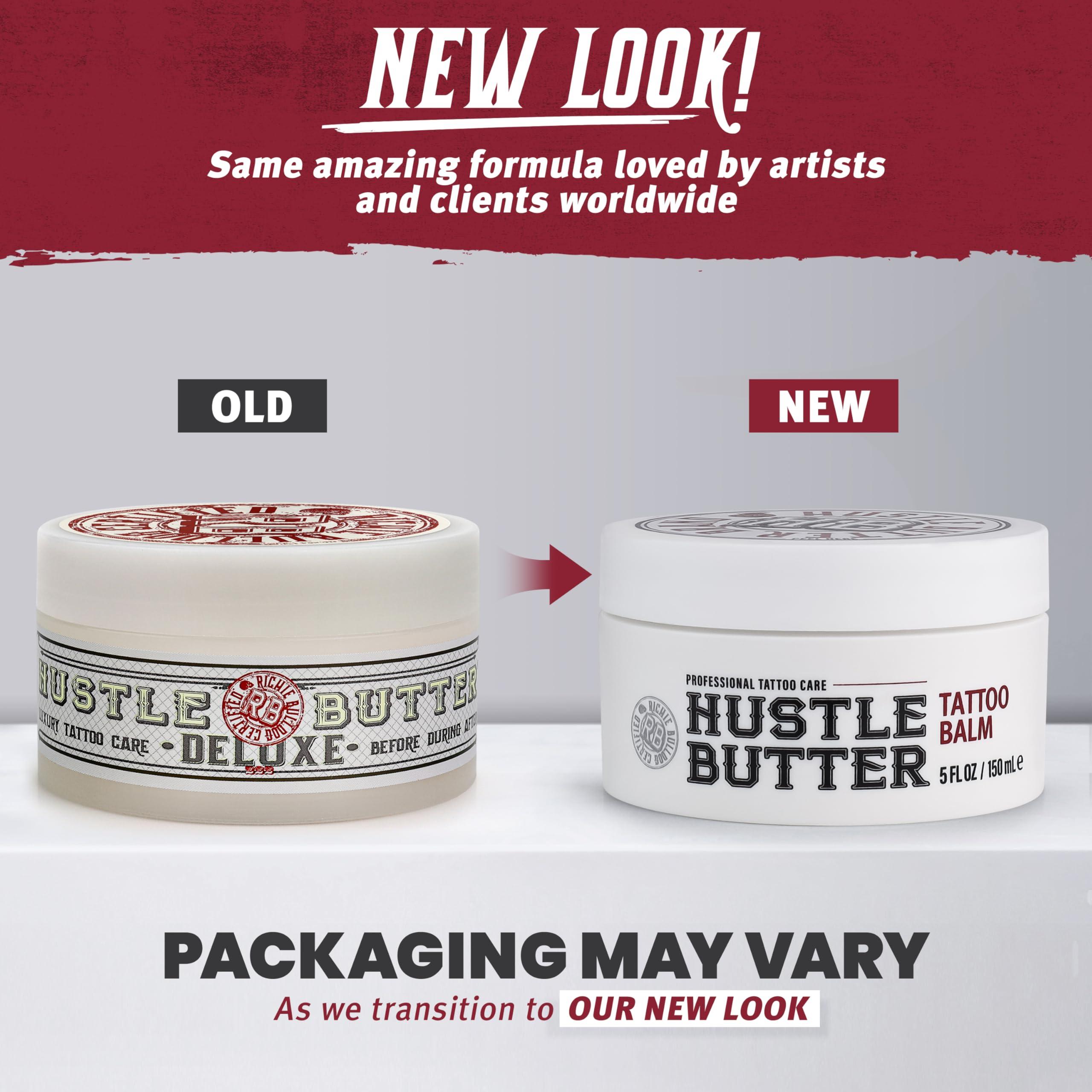 Hustle Butter Deluxe tattoo balm being applied on skin demonstrates soothing post-tattoo care.