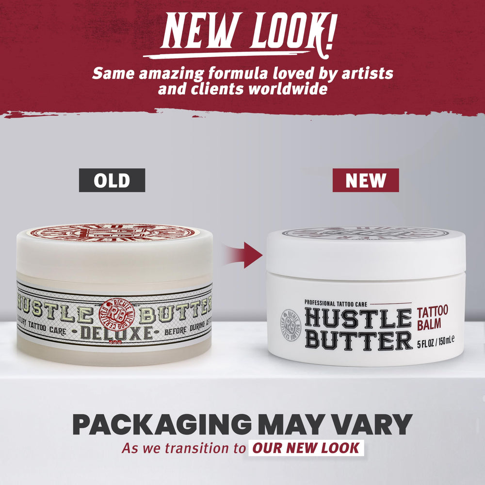 Hustle Butter Deluxe tattoo balm being applied on skin demonstrates soothing post-tattoo care.