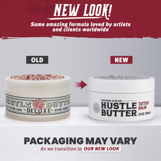 Hustle Butter Deluxe tattoo balm being applied on skin demonstrates soothing post-tattoo care.
