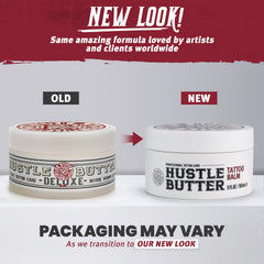 Hustle Butter Deluxe tattoo balm being applied on skin demonstrates soothing post-tattoo care.