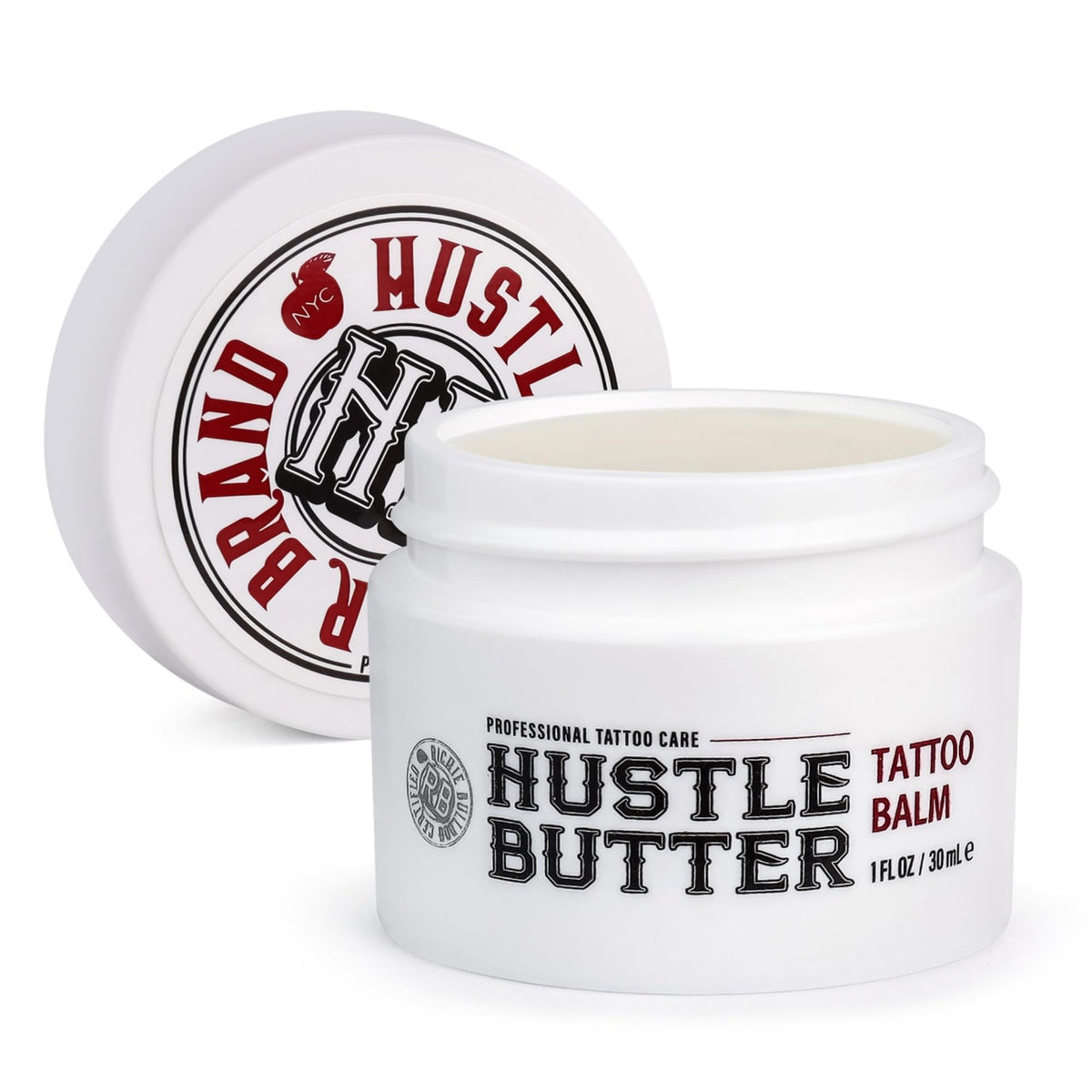 Hustle Butter Deluxe tattoo balm jar close-up with rich texture for healing