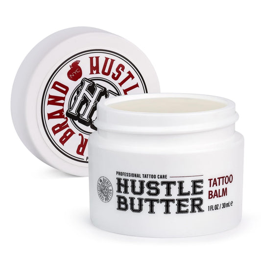 Hustle Butter Deluxe tattoo balm jar close-up with rich texture for healing