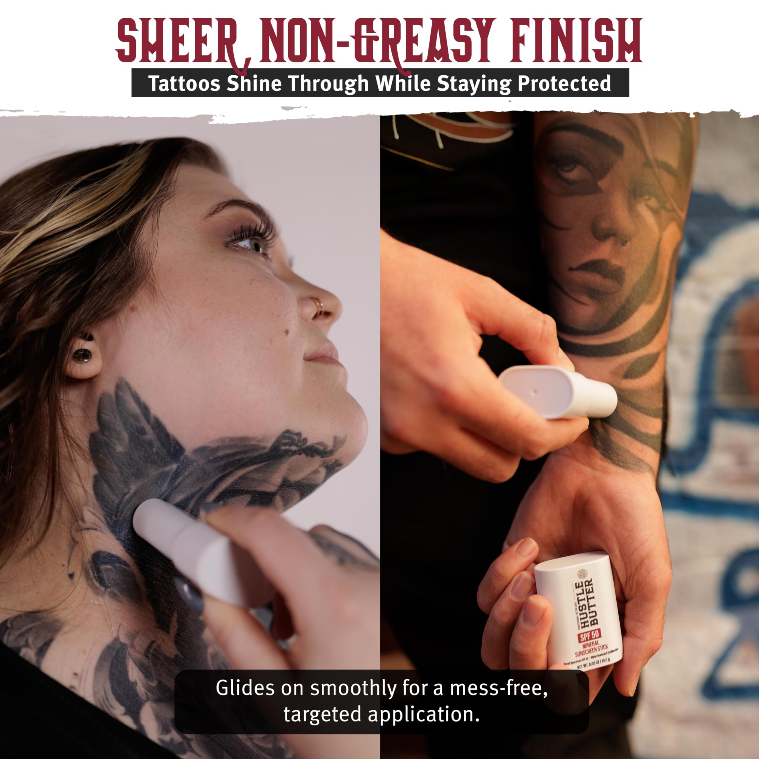 Smooth application of Hustle Butter Deluxe SPF 50 stick on skin with dry touch finish