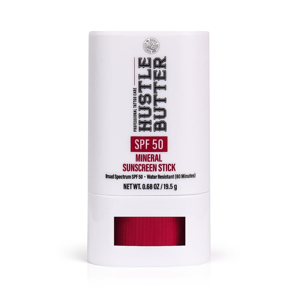 Hustle Butter Deluxe tattoo sunscreen stick packaging, compact for on the go sun care