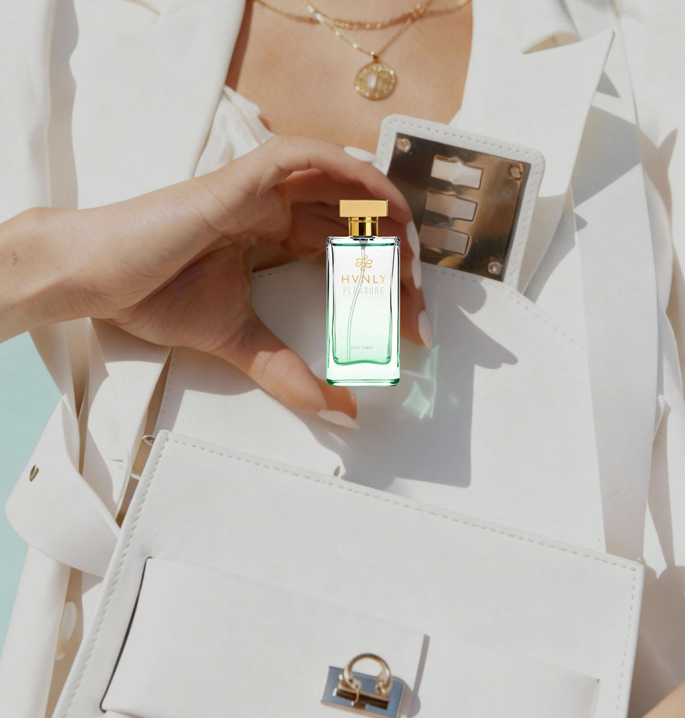 HVNLY Pleasure EDP bottle tilted angle emphasizes elegant glass bottle and craftsmanship