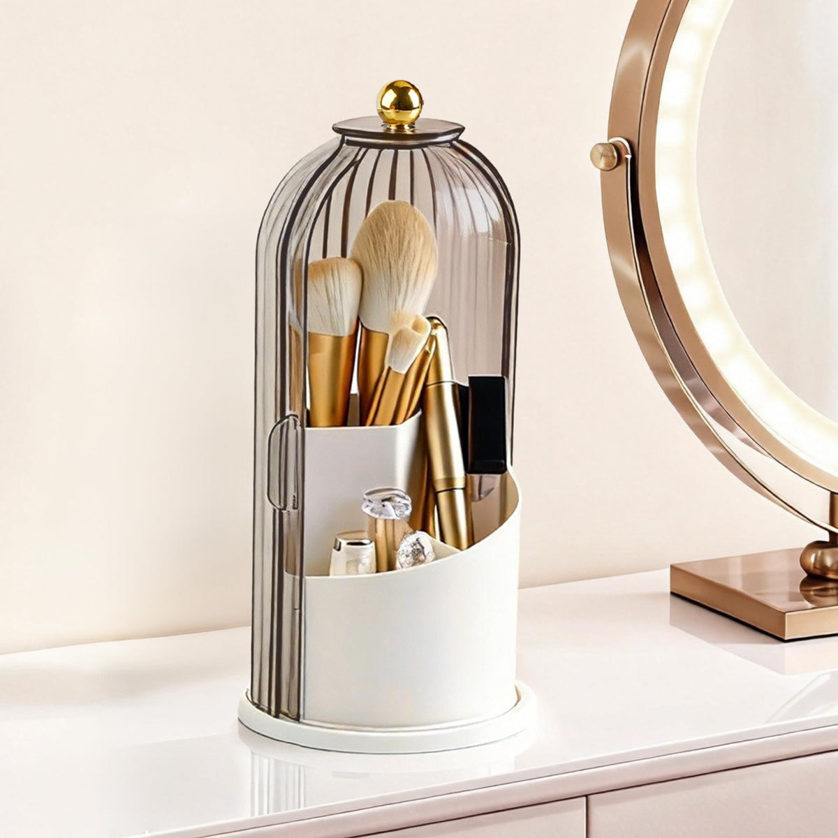 Hvygss 360° rotating makeup brush holder with lid for easy access.