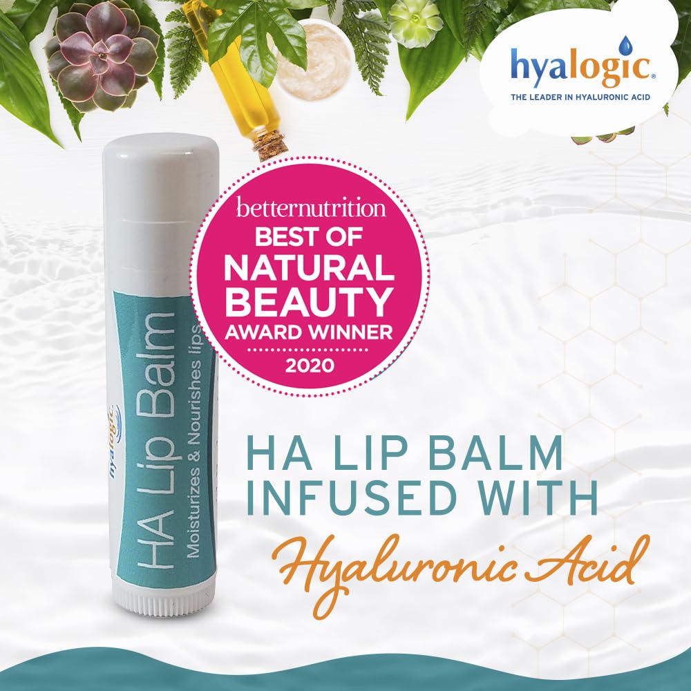 Hyalogic HA Lip Balm applied on lips demonstrating plump, moisturized look.