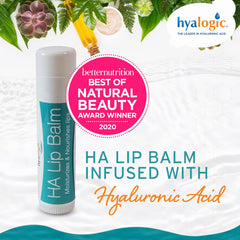 Hyalogic HA Lip Balm applied on lips demonstrating plump, moisturized look.