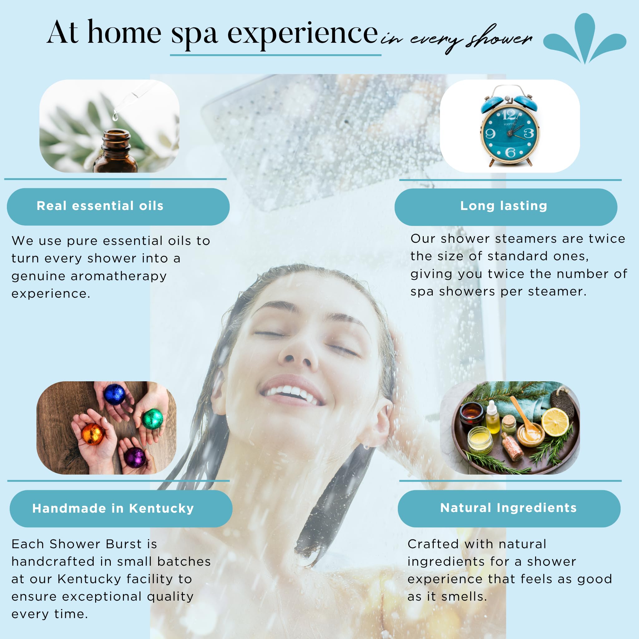 HydraAromatherapy shower burst closeup highlights ylang-ylang and litsea oils for fragrance.