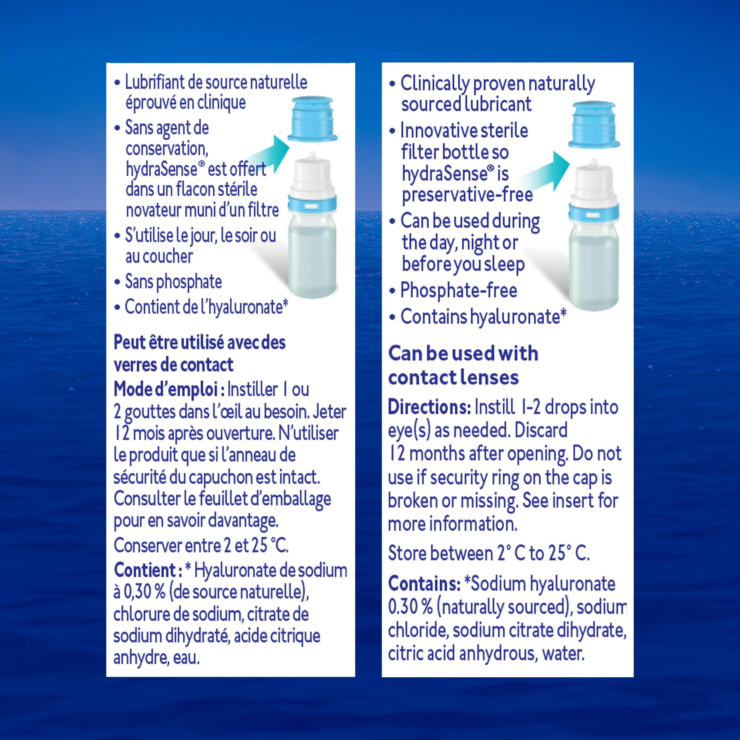 HydraSense two bottle pack on display with hydration theme for dry eyes.