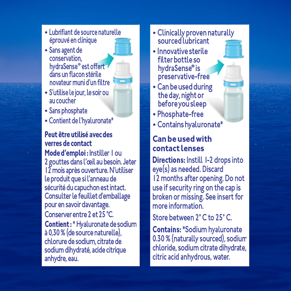 HydraSense two bottle pack on display with hydration theme for dry eyes.