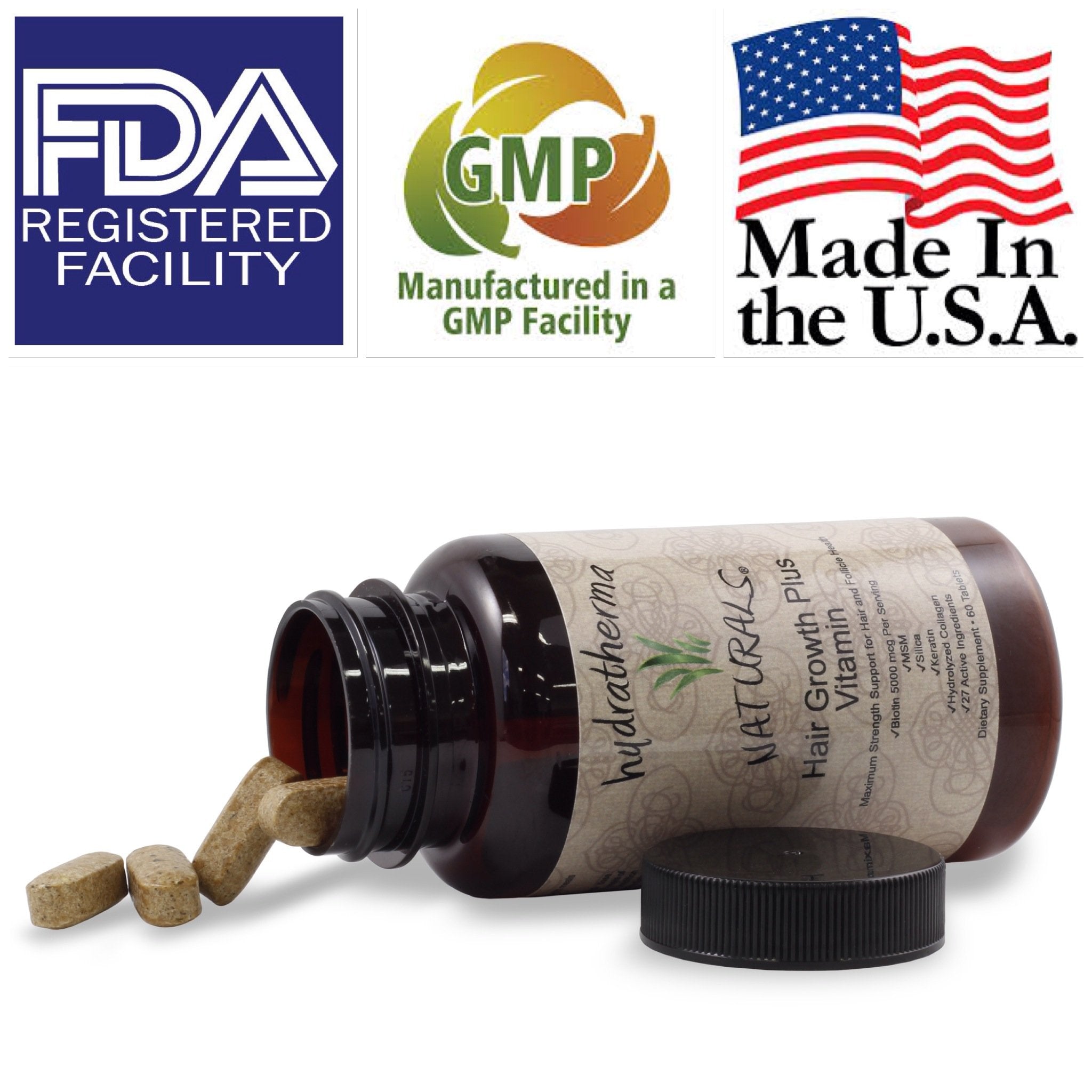 Hydratherma Naturals Hair Growth Plus 60-tablet bottle highlighting maximum-strength formula.