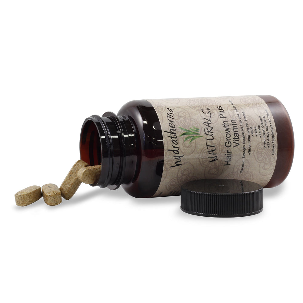 Hydratherma Naturals Hair Growth Plus bottle label with key product details.