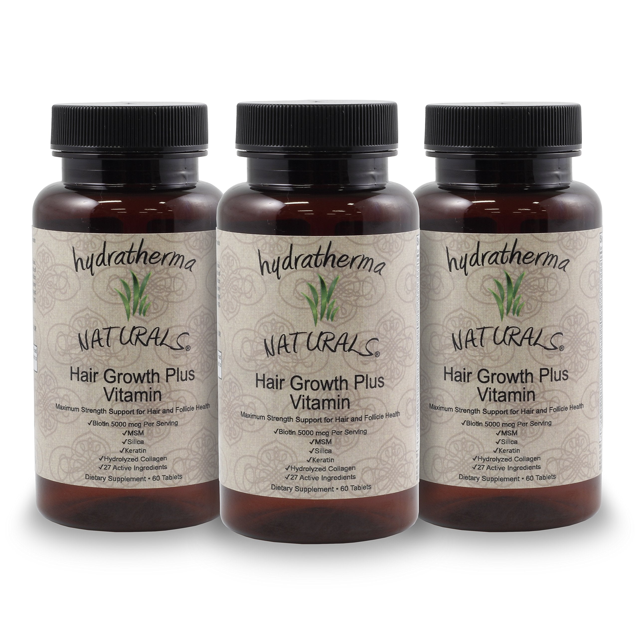 Close-up of Hydratherma Naturals Hair Growth Plus capsules for daily use.